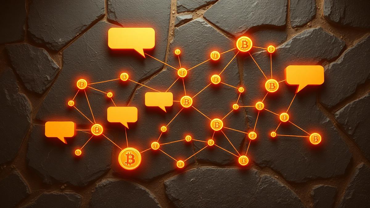 An abstract network graph of glowing nodes, coins and speech bubbles on dark stone