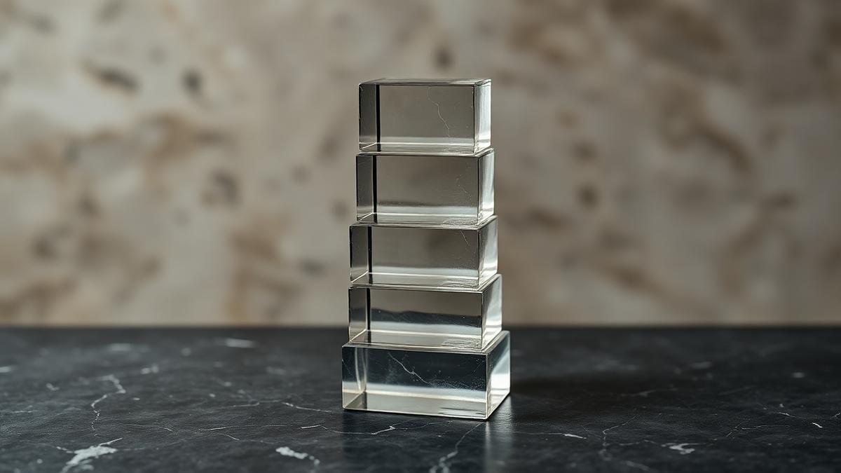 Five translucent glass blocks stacked into a layered tower on dark stone