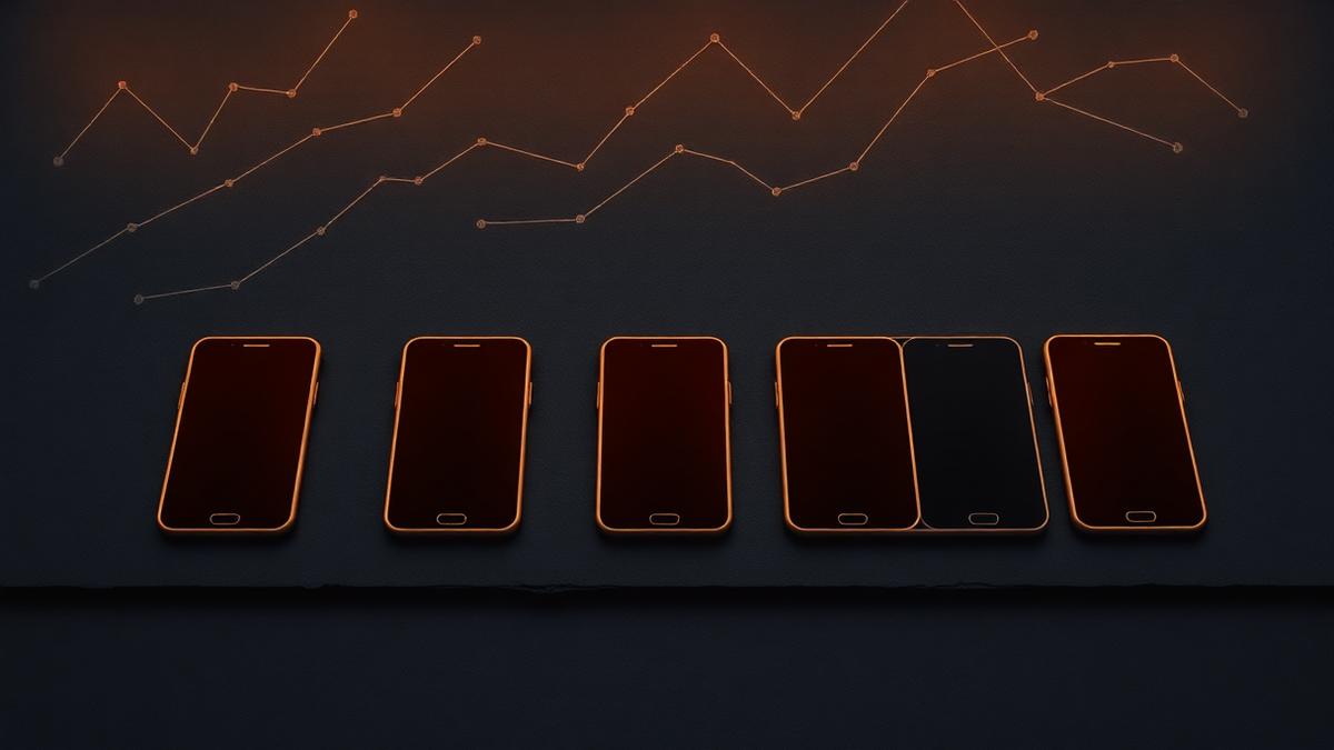 Five smartphones arranged in a row beneath faint mining charts on a dark desk