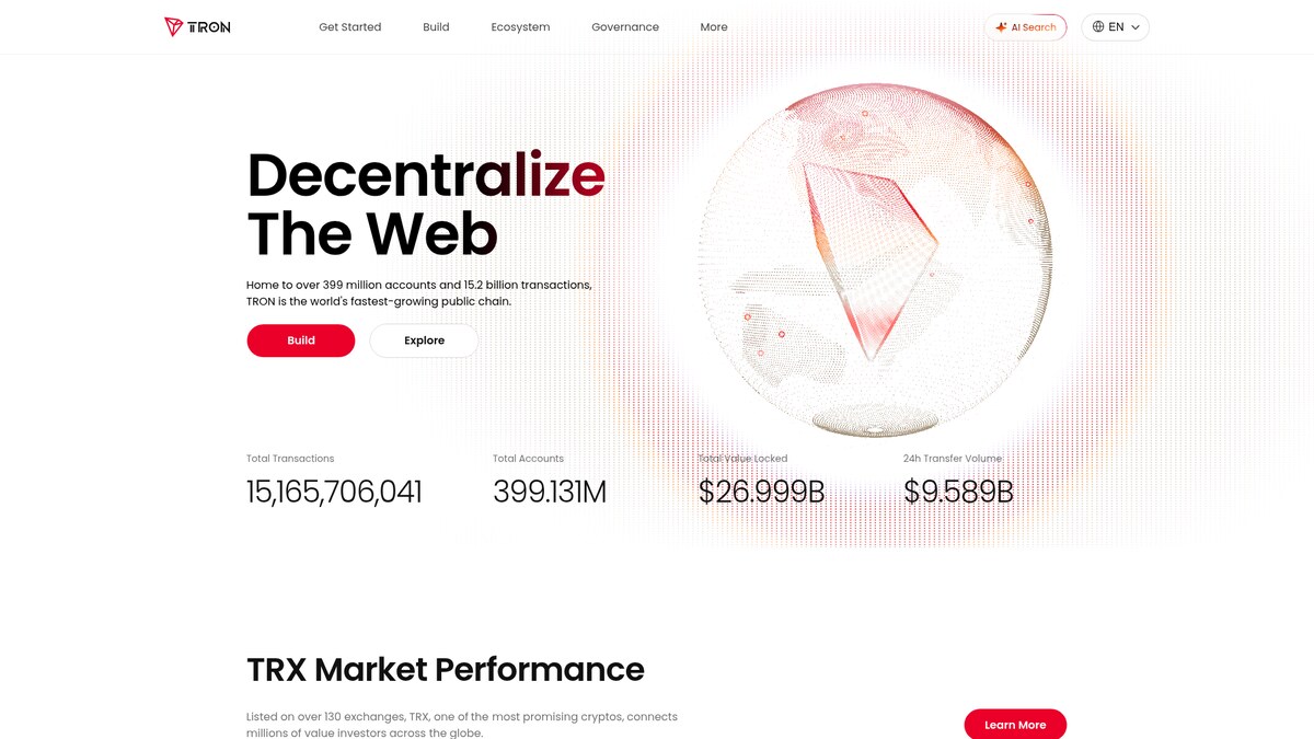 Screenshot of the TRON network website showing its ecosystem statistics